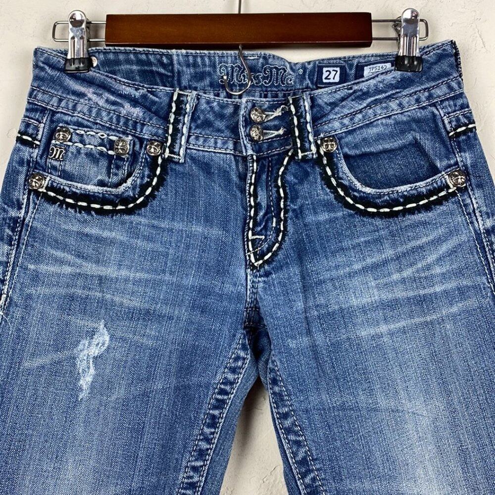 Miss Me Cross Wings JP5142 Embellished Distressed Thick Stitch Boot Cut Jeans 27 - Picture 4 of 12